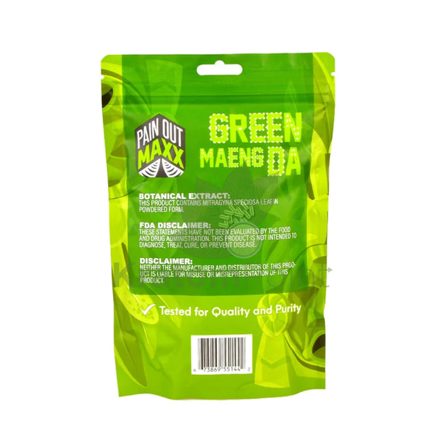 Front view of the Pain Out Maxx Kratom Green Maeng Da 500 GM Powder bag in black and silver packaging with green lettering. This classic favorite among green strains is known for boosting focus, motivation, and mild euphoria during day-to-day activities.
