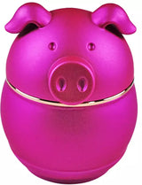 Front angled view of the 62mm piggy shape metal grinder in metallic pink. This 4-piece novelty swine-themed unit is dimensionally structured to accommodate high volumes of unrefined foliage.