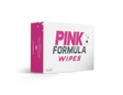 Front view of the Pink Formula Wipes 100-count container in pink and black. These heavy-duty textured cleaning wipes are formulated with an advanced alcohol solution to easily wipe away stubborn resin, tar, and build-up from glass and silicone accessories.