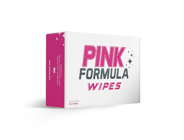 Front view of the Pink Formula Wipes 100-count container in pink and black. These heavy-duty textured cleaning wipes are formulated with an advanced alcohol solution to easily wipe away stubborn resin, tar, and build-up from glass and silicone accessories.