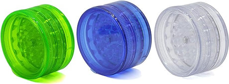 Front view of the Plastic Grinder 42mm Assorted Colors. This bulk bundle contains ten pocket-sized acrylic grinders in mixed translucent colorways, providing an ideal point-of-purchase impulse buy for smoke shops.