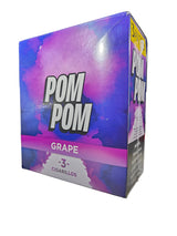 Front view of the Pom Pom Grape cigarillos box in vibrant purple and white. These machine-made cigarillos come in a wholesale 15-count box of 3-packs, providing a smooth, quick smoke ideal for retail counter displays.