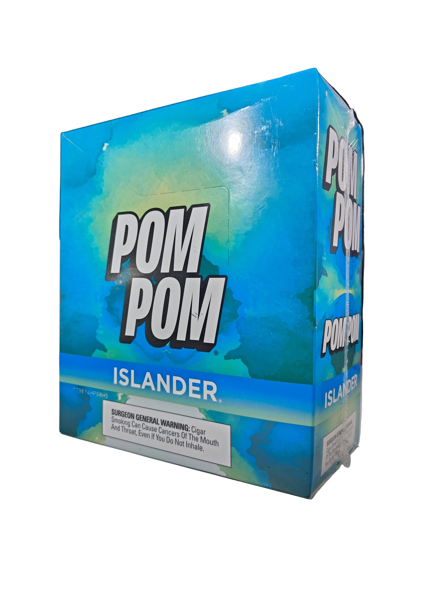 Angled front view of the Pom Pom Islander cigarillos box in tropical blue and white. These machine-made cigarillos come in a wholesale 15-count box of 3-packs, providing a smooth, quick smoke ideal for retail counter displays.