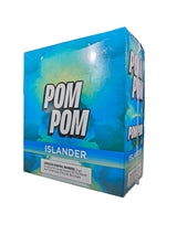 Angled front view of the Pom Pom Islander cigarillos box in tropical blue and white. These machine-made cigarillos come in a wholesale 15-count box of 3-packs, providing a smooth, quick smoke ideal for retail counter displays.