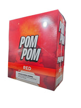 Angled overhead view of the Pom Pom Red cigarillos box in classic red and white. These machine-made cigarillos come in a wholesale 15-count box of 3-packs, providing a smooth, quick smoke ideal for retail counter displays.