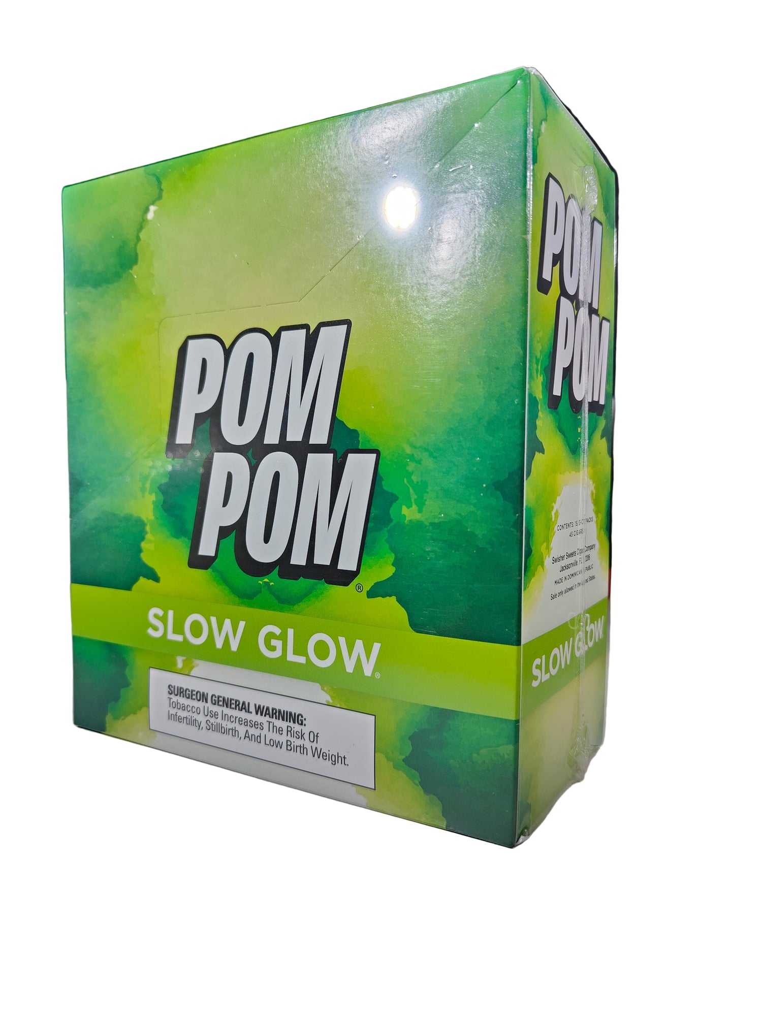Front view of the Pom Pom Slow Grow cigarillos box in earthy green and white. These machine-made cigarillos come in a wholesale 15-count box of 3-packs, providing a smooth, quick smoke ideal for retail counter displays.