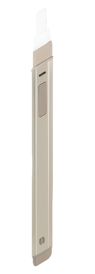 Front view of the Puffco Hot Knife dab tool in earthy Desert tan. This premium electronic heated loading tool features a ceramic tip that effortlessly drops sticky wax concentrates directly into your chamber without scraping or waste.