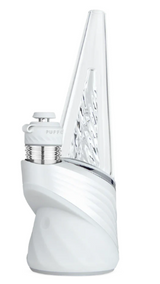 Angled view of the Puffco Peak Pro 3DXL dab rig in elegant Pearl white. This premium smart rig features a high-capacity 3DXL ceramic chamber and joystick carb cap to deliver massive vapor clouds and unparalleled flavor from your wax concentrates.