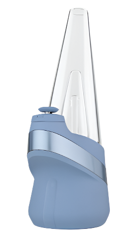Front view of the Puffco Peak Pro 3DXL dab rig in the Storm edition, featuring a stormy dark grey and blue finish. This premium smart rig features a high-capacity 3DXL ceramic chamber and joystick carb cap to deliver massive vapor clouds and unparalleled flavor from your wax concentrates.