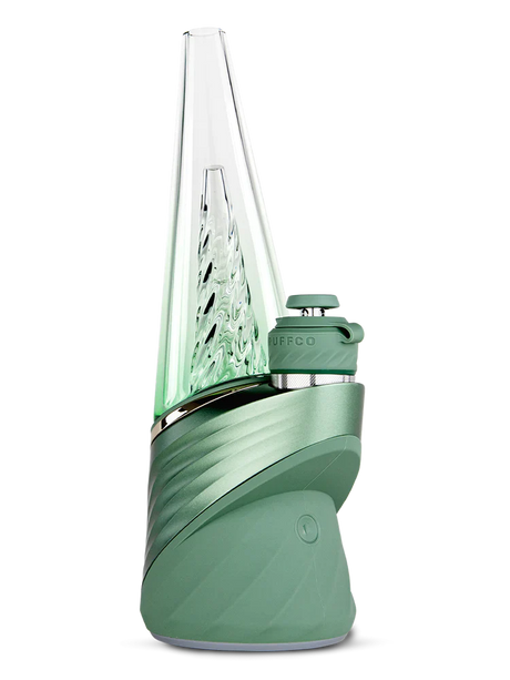 Front view of the Puffco Peak Pro vaporizer in Flourish green. This premium smart e-rig features real-time temperature control and a single-button interface to unlock the ultimate flavor from your plant concentrates.