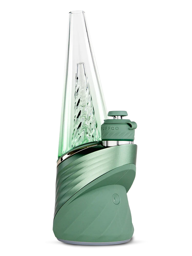 Front view of the Puffco Peak Pro vaporizer in Flourish green. This premium smart e-rig features real-time temperature control and a single-button interface to unlock the ultimate flavor from your plant concentrates.