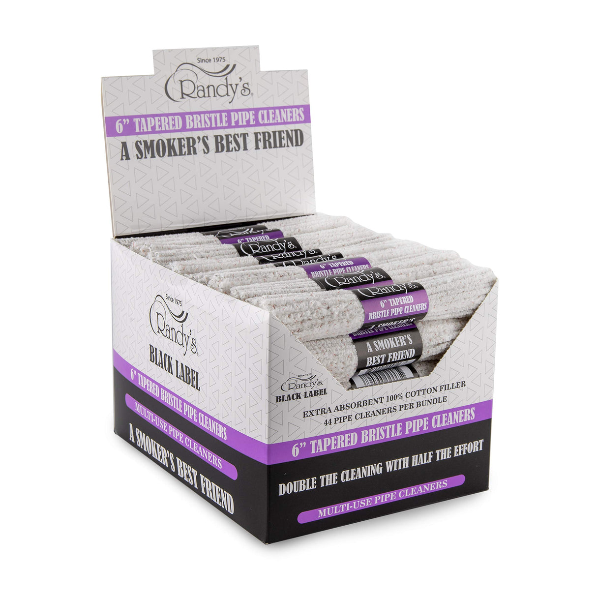 Front view of the Randy's 6-Inch Tapered Bristle Pipe Cleaners 44ct bundle wrapped in a classic white and red branded cardboard sleeve. These heavy-duty, absorbent cotton cleaners feature stiff bristles woven directly into the wire to effectively scrub and remove stubborn resin from glass and metal pipes.