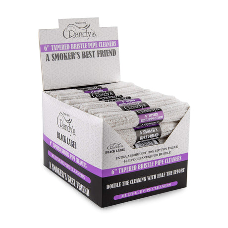 Front view of the Randy's 6-Inch Tapered Bristle Pipe Cleaners 44ct bundle wrapped in a classic white and red branded cardboard sleeve. These heavy-duty, absorbent cotton cleaners feature stiff bristles woven directly into the wire to effectively scrub and remove stubborn resin from glass and metal pipes.