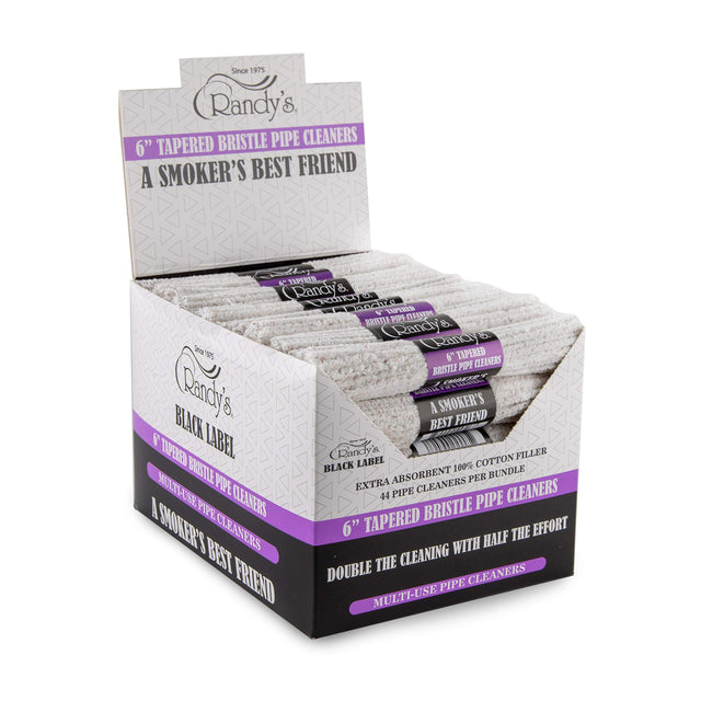 Front view of the Randy's 6-Inch Tapered Bristle Pipe Cleaners 44ct bundle wrapped in a classic white and red branded cardboard sleeve. These heavy-duty, absorbent cotton cleaners feature stiff bristles woven directly into the wire to effectively scrub and remove stubborn resin from glass and metal pipes.