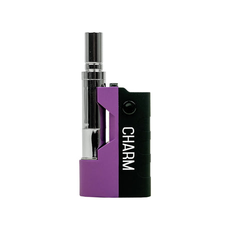 Front view of the Randy's C-Charm concentrate vaporizer in purple. This ultra-compact, travel-friendly device features a 500mAh battery and a universal 510-thread connection for discreetly consuming your favorite wax extracts on the go.