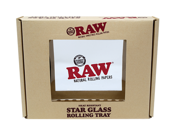 packaged view of the raw star rolling tray. A premium rolling tray made of thick glass.
