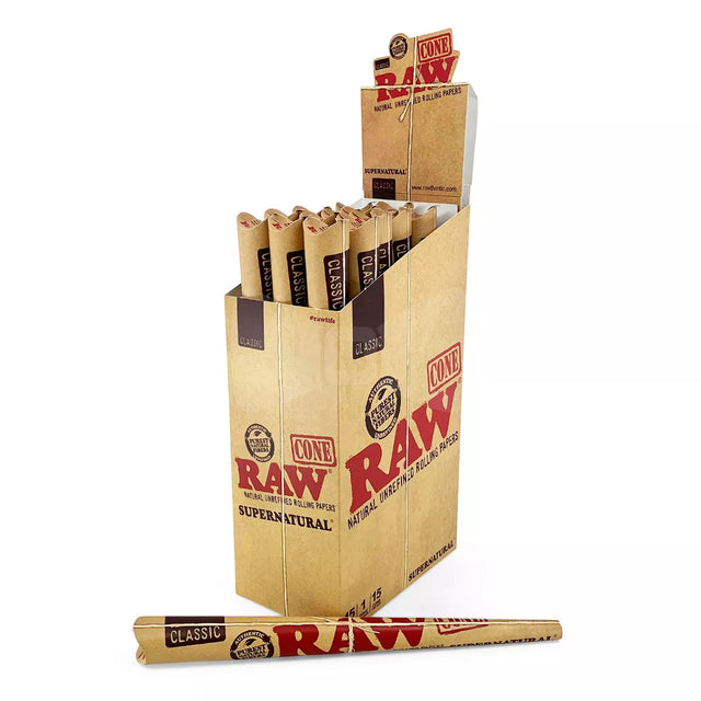 angled view of the RAW supernatural cones display box and product. One of the many well known long sesh cones from RAW.