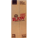 Front view of the RAW 1 1/4 Pre-Rolled Cones 75-count retail box in signature unbleached tan brown and red. This wholesale paper container stores 75 pre-rolled plant fiber cones neatly for personal stock or direct dispensary retail shelves.