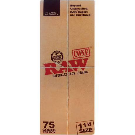 Front view of the RAW 1 1/4 Pre-Rolled Cones 75-count retail box in signature unbleached tan brown and red. This wholesale paper container stores 75 pre-rolled plant fiber cones neatly for personal stock or direct dispensary retail shelves.