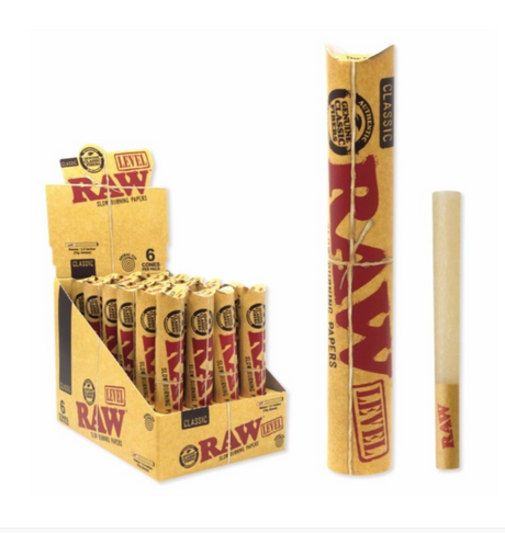 Front angled view of the RAW 1 1/4 Spiral Tip Cones 6-Pack wholesale counter display box in classic unbleached tan brown and red. This retail packaging holds multiple single packs ready for immediate point-of-sale checkout counter placement.