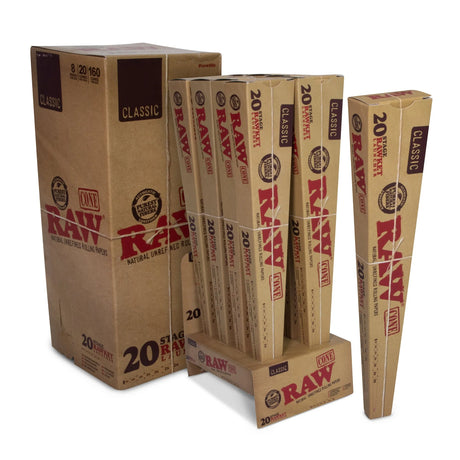 Front angled view of the RAW 20 Stage RAWket Launcher Cone Assortment in a natural kraft brown rocket-shaped box. This ultimate party pack features 20 unrefined, pre-rolled classic cones in seven different sizes to accommodate any smoking occasion.