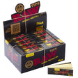 Front view of the RAW Authentic Black soft filter tips 50-count display box featuring signature black and gold branding. This wholesale retail package holds 50 booklets of double-pressed, ultra-fine rolling paper tips for a premium smoking experience.