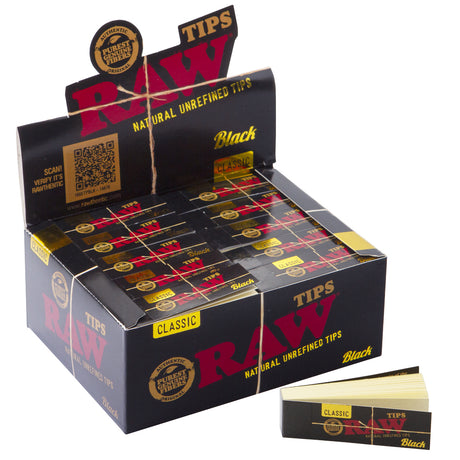 Front view of the RAW Authentic Black soft filter tips 50-count display box featuring signature black and gold branding. This wholesale retail package holds 50 booklets of double-pressed, ultra-fine rolling paper tips for a premium smoking experience.