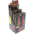 Front angled view of the RAW Black Classic Cones King Size 20-Pack Box in sleek black and gold packaging. Made from RAW's thinnest double-pressed unbleached natural paper, these pre-rolled king size cones deliver an exceptionally clean, slow-burning smoke.
