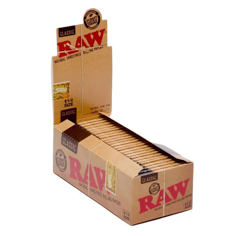 Front view of the RAW Classic 1 1/2 size rolling papers 25-count display box in its signature brown kraft style. This wholesale retail package holds 25 booklets of unbleached, plant-based rolling papers designed for a slow, smooth, and clean-burning experience.