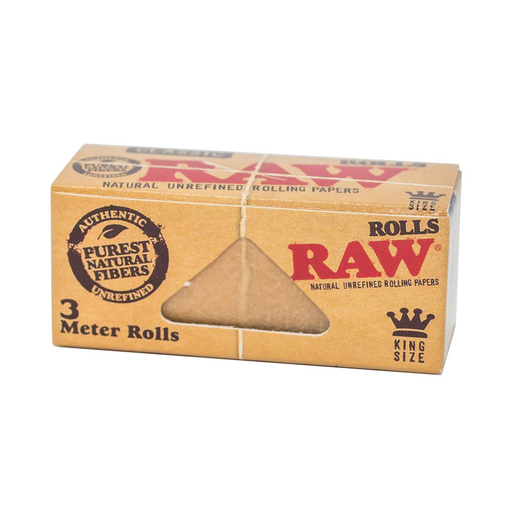 Front flat lay view of a single RAW Classic King Size 3-Meter Roll box in natural brown with red graphics. Each compact dispenser contains three continuous meters of unbleached paper, allowing smokers to tear their rolling paper to the exact custom length they desire.