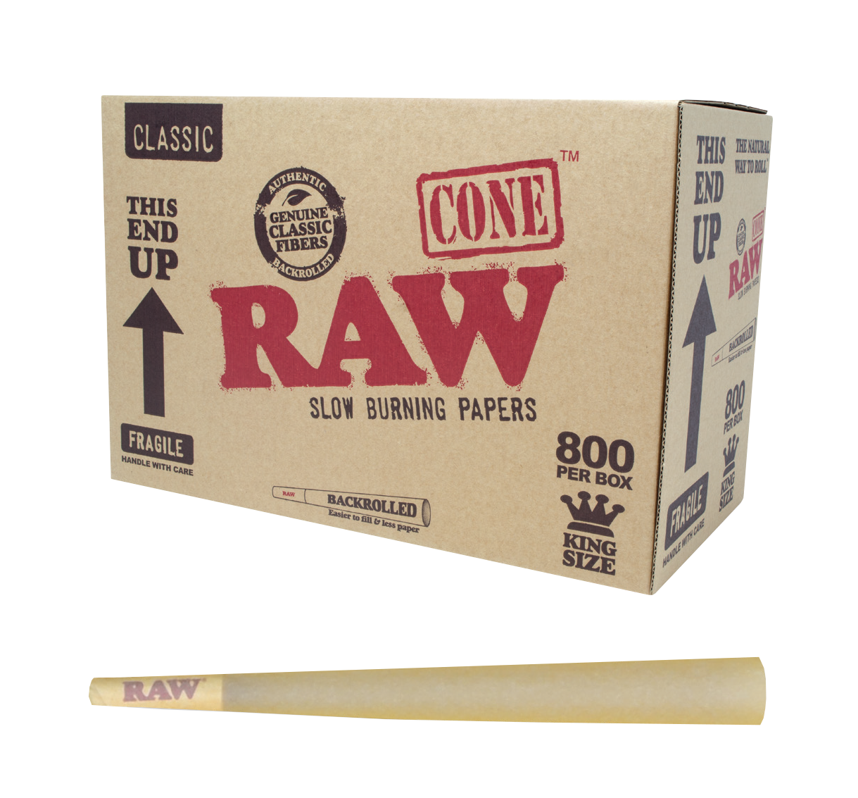 Front angled view of the RAW Classic King Size Bulk Cones 800-count box in natural kraft brown packaging. Made from unrefined, unbleached plant fibers, this massive bulk case provides dispensaries and commercial rollers with a reliable supply of premium pre-rolls.
