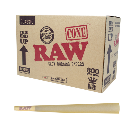 Front angled view of the RAW Classic King Size Bulk Cones 800-count box in natural kraft brown packaging. Made from unrefined, unbleached plant fibers, this massive bulk case provides dispensaries and commercial rollers with a reliable supply of premium pre-rolls.
