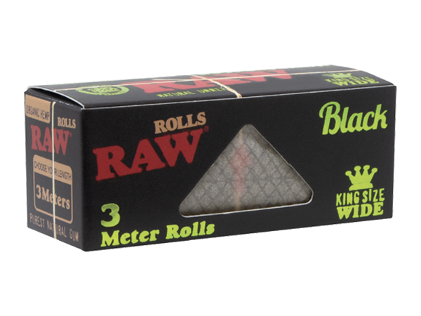 Front flat lay view of a single RAW Classic King Size black Wide 3-Meter Roll box in black with red graphics. Each compact dispenser contains three continuous meters of unbleached paper, allowing smokers to tear their rolling paper to the exact custom length they desire.