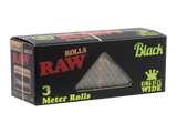 Front flat lay view of a single RAW Classic King Size black Wide 3-Meter Roll box in black with red graphics. Each compact dispenser contains three continuous meters of unbleached paper, allowing smokers to tear their rolling paper to the exact custom length they desire.
