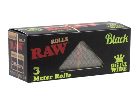 Front flat lay view of a single RAW Classic King Size black Wide 3-Meter Roll box in black with red graphics. Each compact dispenser contains three continuous meters of unbleached paper, allowing smokers to tear their rolling paper to the exact custom length they desire.