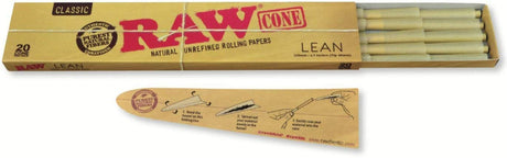 Front flat lay view of a single RAW Classic Lean Cones 110mm 20-pack in natural brown cardboard packaging. This convenient slide-box gives frequent smokers an ample supply of slender, extra-long tipped cones for a smoother personal session.