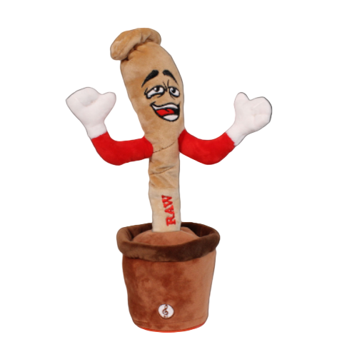 Front view of the RAW Doobie Dancer animatronic plush in unbleached tan brown with red and white signature RAW branding. This sound-activated novelty accessory bounces and dances along to music to add extra fun and a great vibe to your smoking session.