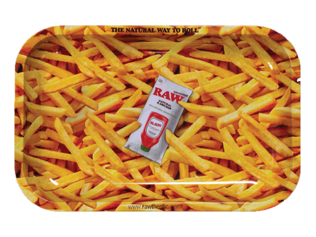 Front view of the small RAW Fries Rolling Tray featuring a vibrant red and yellow fast-food french fry graphic. This durable metal rolling tray features raised, curved edges to keep your dry herbs, papers, and smoking accessories perfectly organized with zero mess.