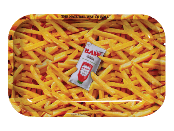 Front view of the small RAW Fries Rolling Tray featuring a vibrant red and yellow fast-food french fry graphic. This durable metal rolling tray features raised, curved edges to keep your dry herbs, papers, and smoking accessories perfectly organized with zero mess.