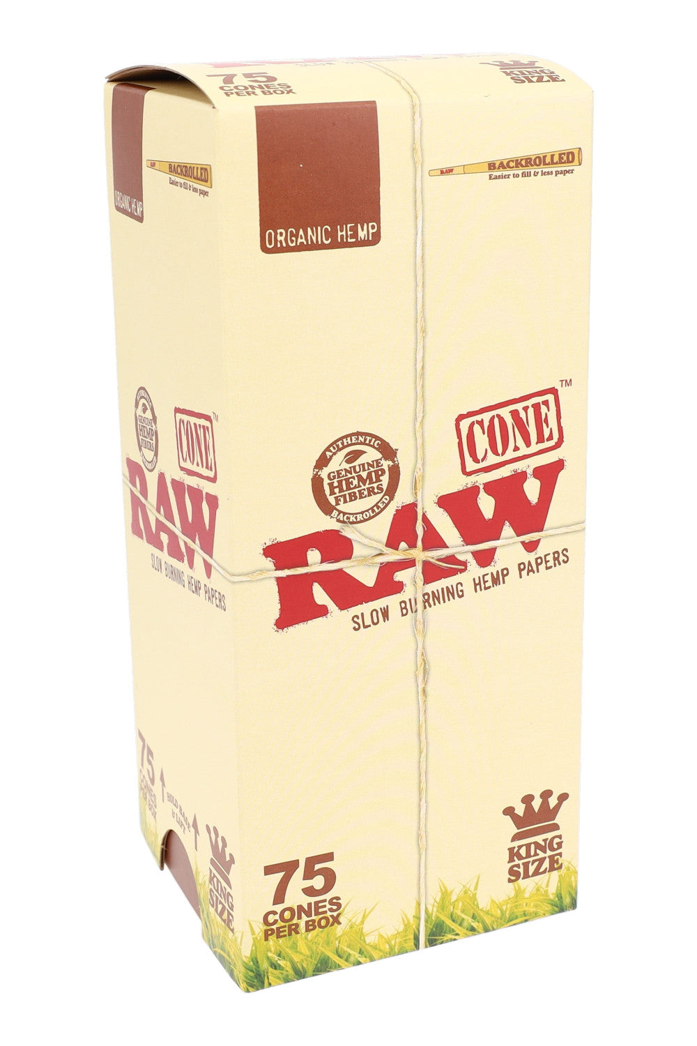 Front angled view of the RAW King Size Pre-Rolled Cones 75-count retail box in iconic unbleached tan brown and red branding. This bulk paper container stores 75 pre-rolled plant-fiber cones safely for personal collections or direct smoke shop display.