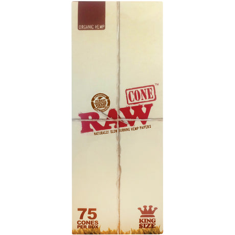 Front angled view of the RAW King Size Pre-Rolled Cones 75-count retail box in iconic unbleached tan brown and red branding. This bulk paper container stores 75 pre-rolled plant-fiber cones safely for personal collections or direct smoke shop display.