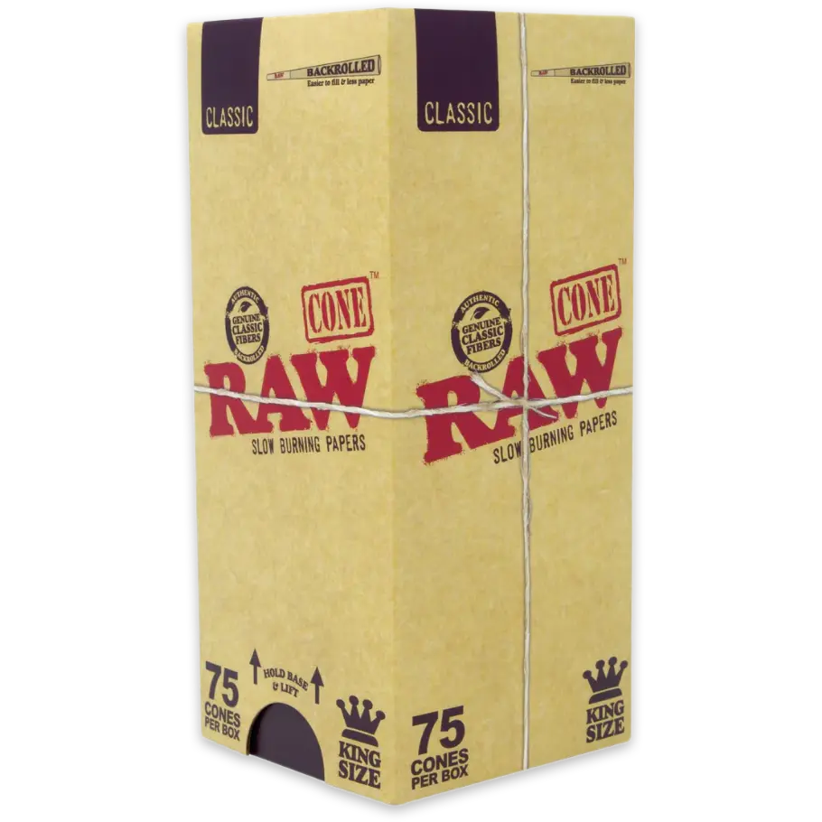 Front angled view of the RAW King Size Pre-Rolled Cones 75-count retail box in iconic unbleached tan brown and red branding. This bulk paper container stores 75 pre-rolled plant-fiber cones safely for personal collections or direct smoke shop display.