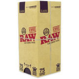 Front angled view of the RAW King Size Pre-Rolled Cones 75-count retail box in iconic unbleached tan brown and red branding. This bulk paper container stores 75 pre-rolled plant-fiber cones safely for personal collections or direct smoke shop display.
