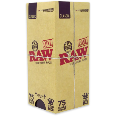 Front angled view of the RAW King Size Pre-Rolled Cones 75-count retail box in iconic unbleached tan brown and red branding. This bulk paper container stores 75 pre-rolled plant-fiber cones safely for personal collections or direct smoke shop display.