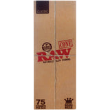 Front angled view of the RAW King Size Pre-Rolled Cones 75-count retail box in iconic unbleached tan brown and red branding. This bulk paper container stores 75 pre-rolled plant-fiber cones safely for personal collections or direct smoke shop display.
