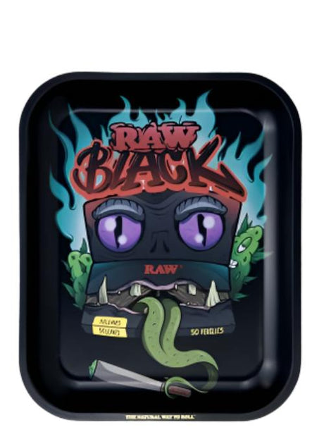 Front overhead view of the multicolored graphic RAW Monster Metal Rolling Tray Large. This expanded metallic stamping platform features curved perimeter sidewalls to completely contain botanical materials during manual preparation.