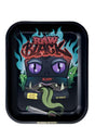 Front overhead view of the multicolored graphic RAW Monster Metal Rolling Tray Large. This expanded metallic stamping platform features curved perimeter sidewalls to completely contain botanical materials during manual preparation.