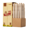 Angled overhead view of the RAW 75-count box opened to reveal rows of neatly nested King Size pre-rolled cones. Each light beige cone comes equipped with a built-in natural paper filter tip to maintain optimal structural shape and prevent loose material fall-through.