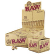 Front angled view of the RAW Perfecto Pre-Rolled Cone Tips 6-pack display box in natural kraft brown packaging with red branding. This retail-ready display carton is designed for smoke shop countertops to showcase premium unrefined filter tips.