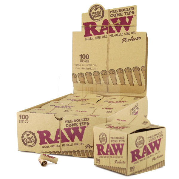 Front angled view of the RAW Perfecto Pre-Rolled Cone Tips 6-pack display box in natural kraft brown packaging with red branding. This retail-ready display carton is designed for smoke shop countertops to showcase premium unrefined filter tips.